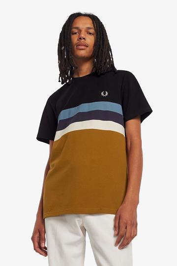 Camel Fred Perry Panelled Stripe Men's T Shirts | PH 1736CTVE